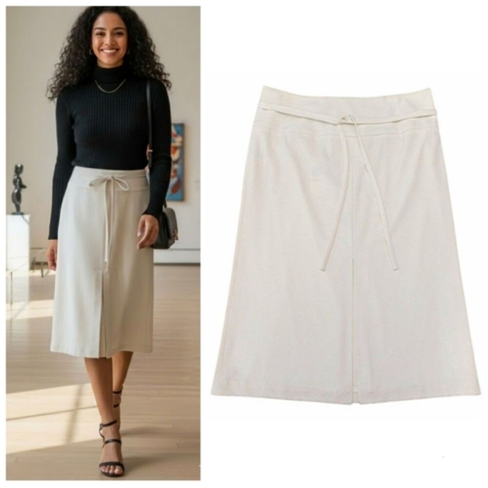 NWT Calvin Klein A-Line Midi Skirt Size 10 Ivory Front Slit Belted Office Formal